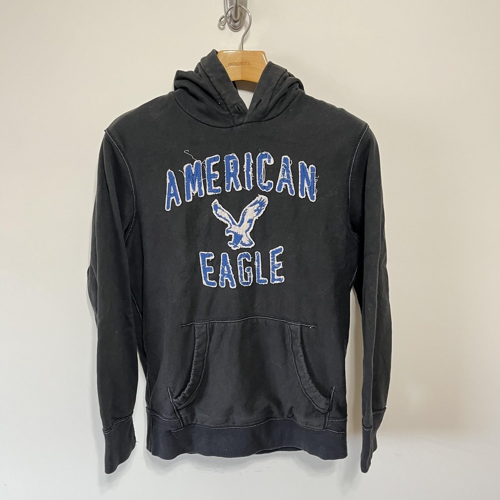 Vintage American Eagle Outfitters Hoodie‎ Y2K Mens M Black Logo Eagle Preppy